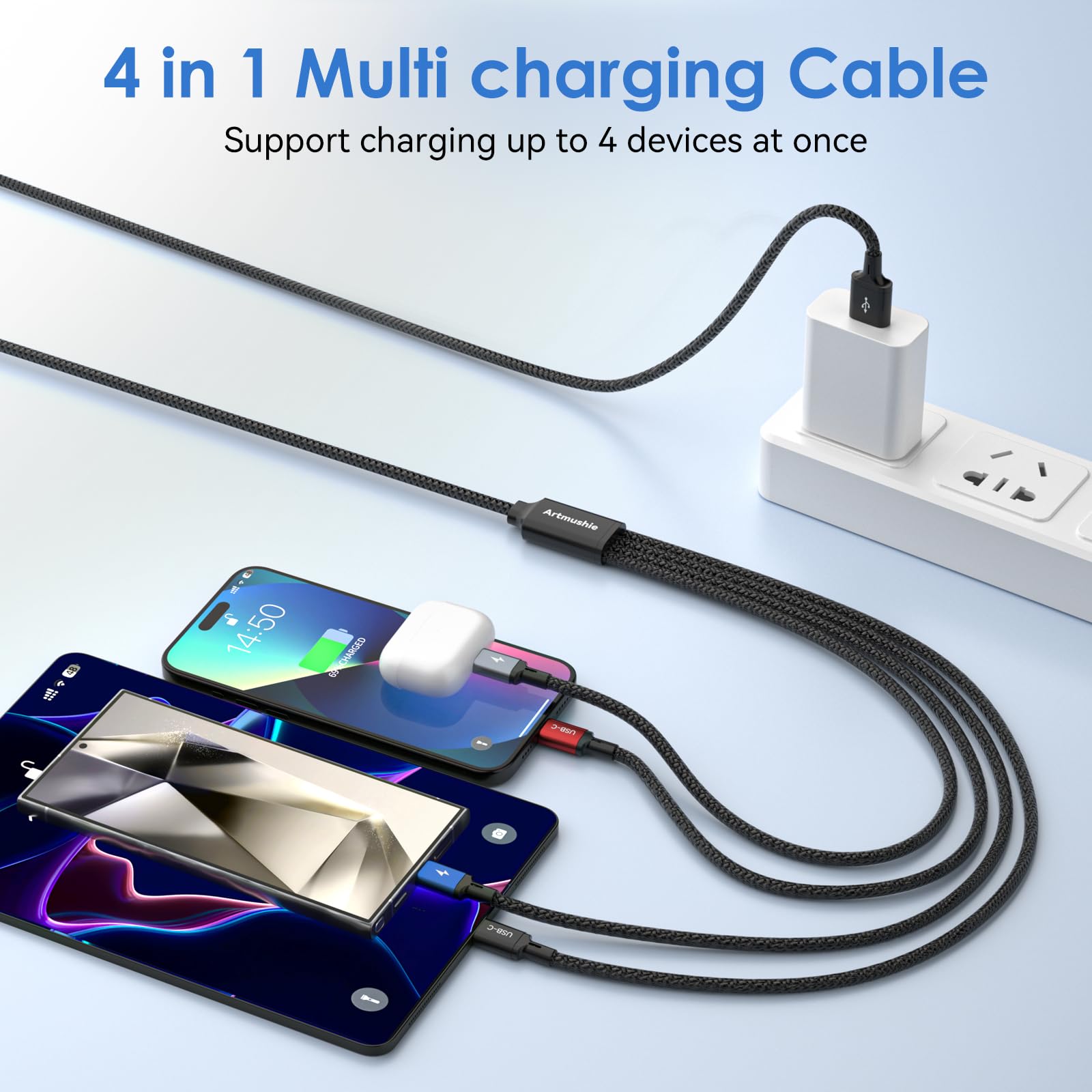 Cable de carga múltiple 4 en 1, 6.5 pies, paquete de 2 – Conectores múltiples USB-C y micro USB – Cable de carga para Android, iPhone 15/16, portátiles, tabletas y más (paquete de 2 USB-A