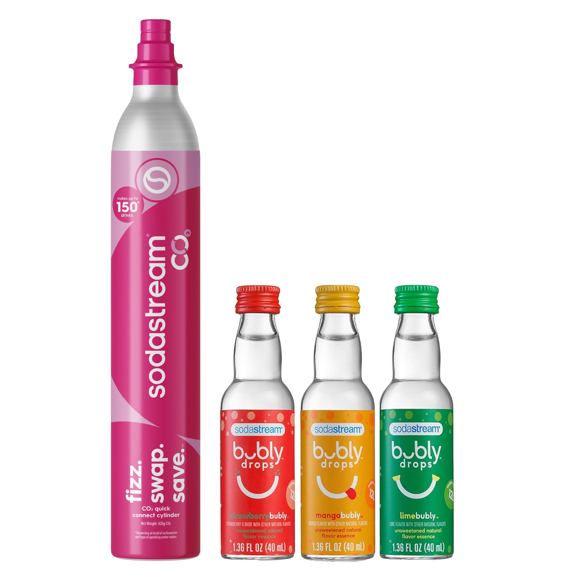 SodaStream CO2 Gas Refill Stock-Up Bundle, 1 x 60L Pink Quick Connect Cylinder with bubly drops 3 Pack, Soda Stream CO2 Refill, Makes Up to 60 Liters of Sparkling Water, Fits TERRA, ART, ENSO &amp; More