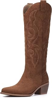 White Cowboy Boots for Women - Wide Calf Rhinestone Cowgirl Boots, Women Knee High Western Boots, Glitter Sparkly Ladies Tall Boots with Classic Embroidery and Side Zipper, Retro Classic Country Boots Pull On for Ladies