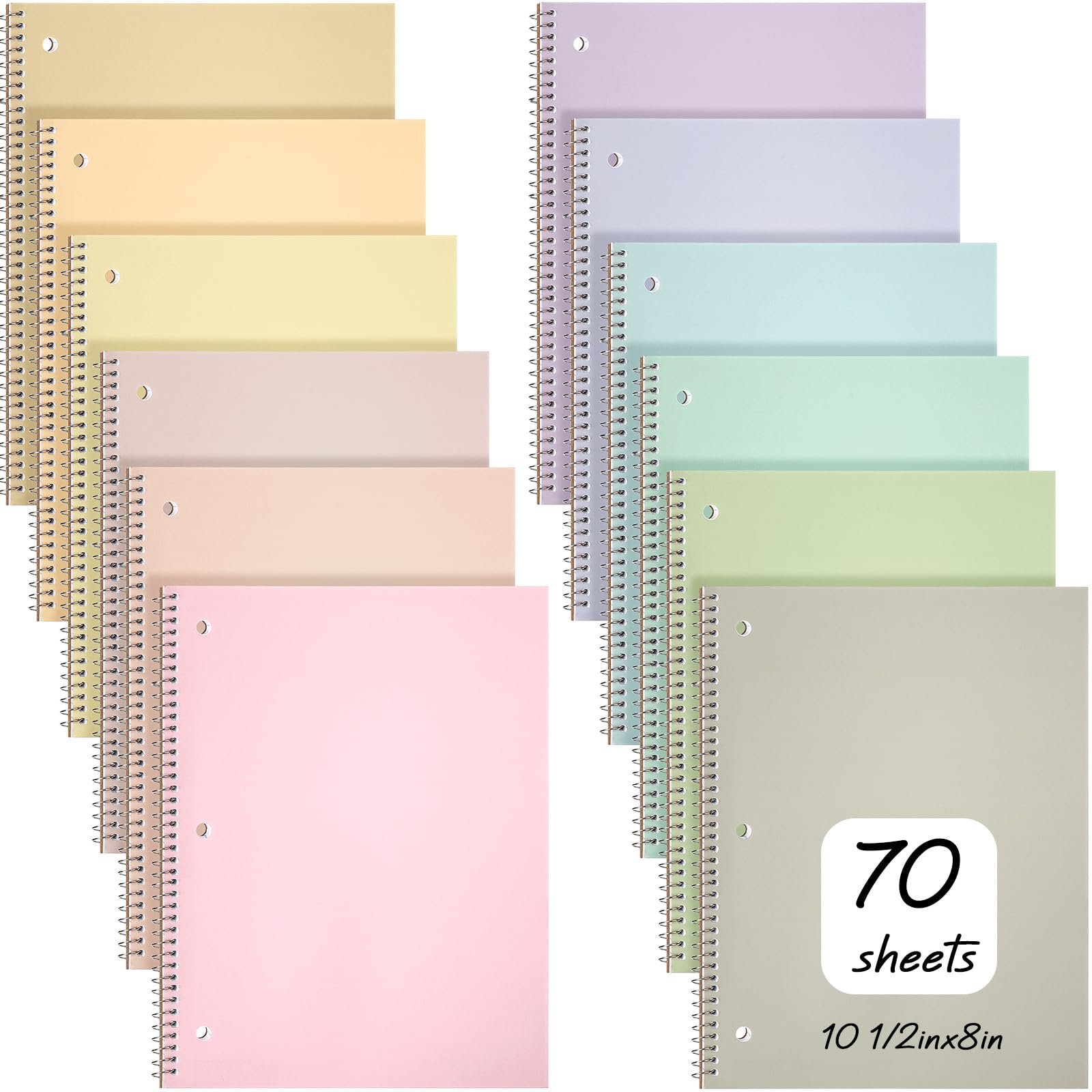 Teling 12 quaderni a spirale per 1 soggetto, per lavoro, università, a righe, 20,3 x 25,4 cm, con 3 fori, con divisori e tasche, facile da strappare, 70 fogli per ufficio, scuola, studio, forniture