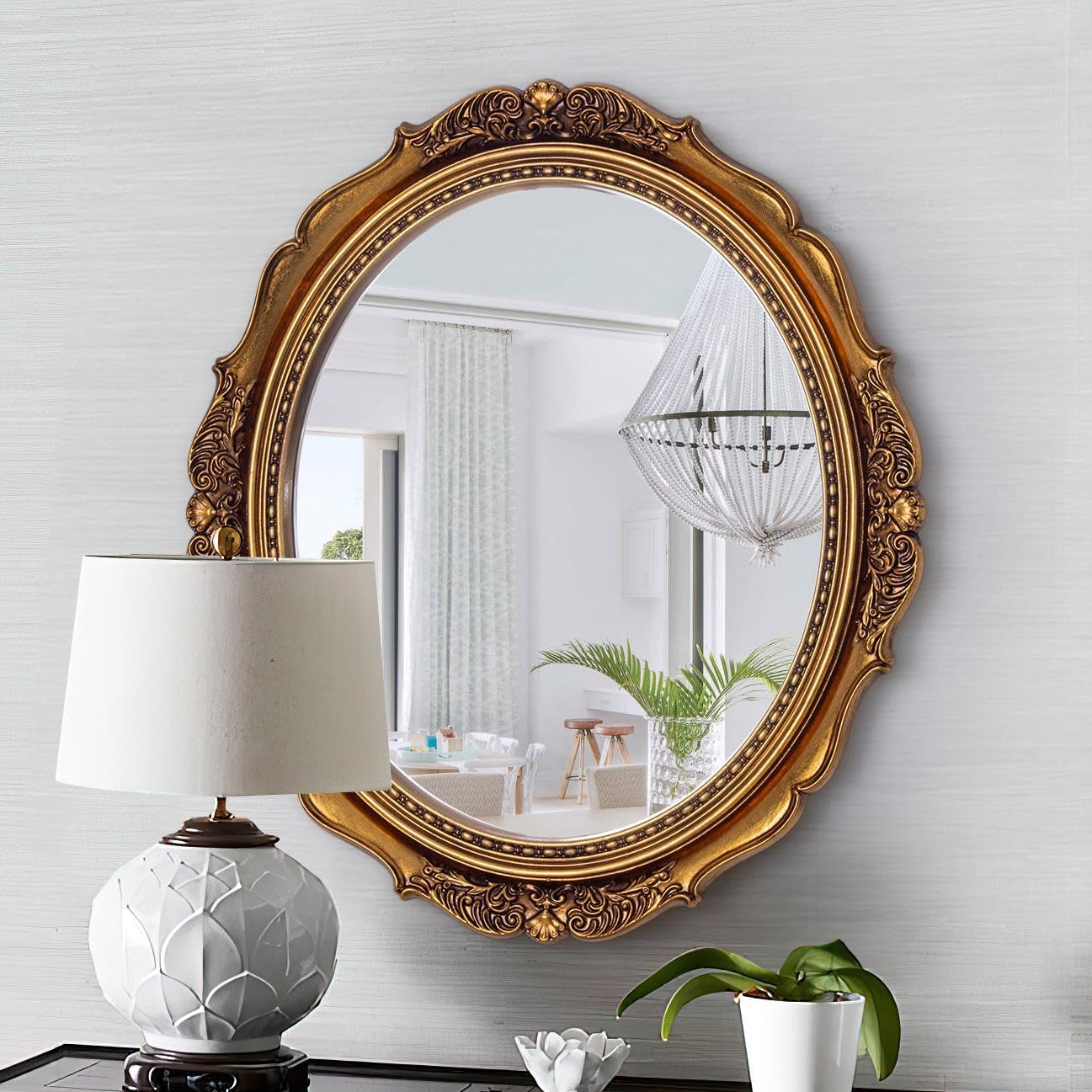 31"x27" Foil Gold Vintage Mirrors for Wall Decor, Antique Oval Hanging Mirror with Decorative PU Frame for Baroque Bathroom, Bedroom, Living Room, Entryway