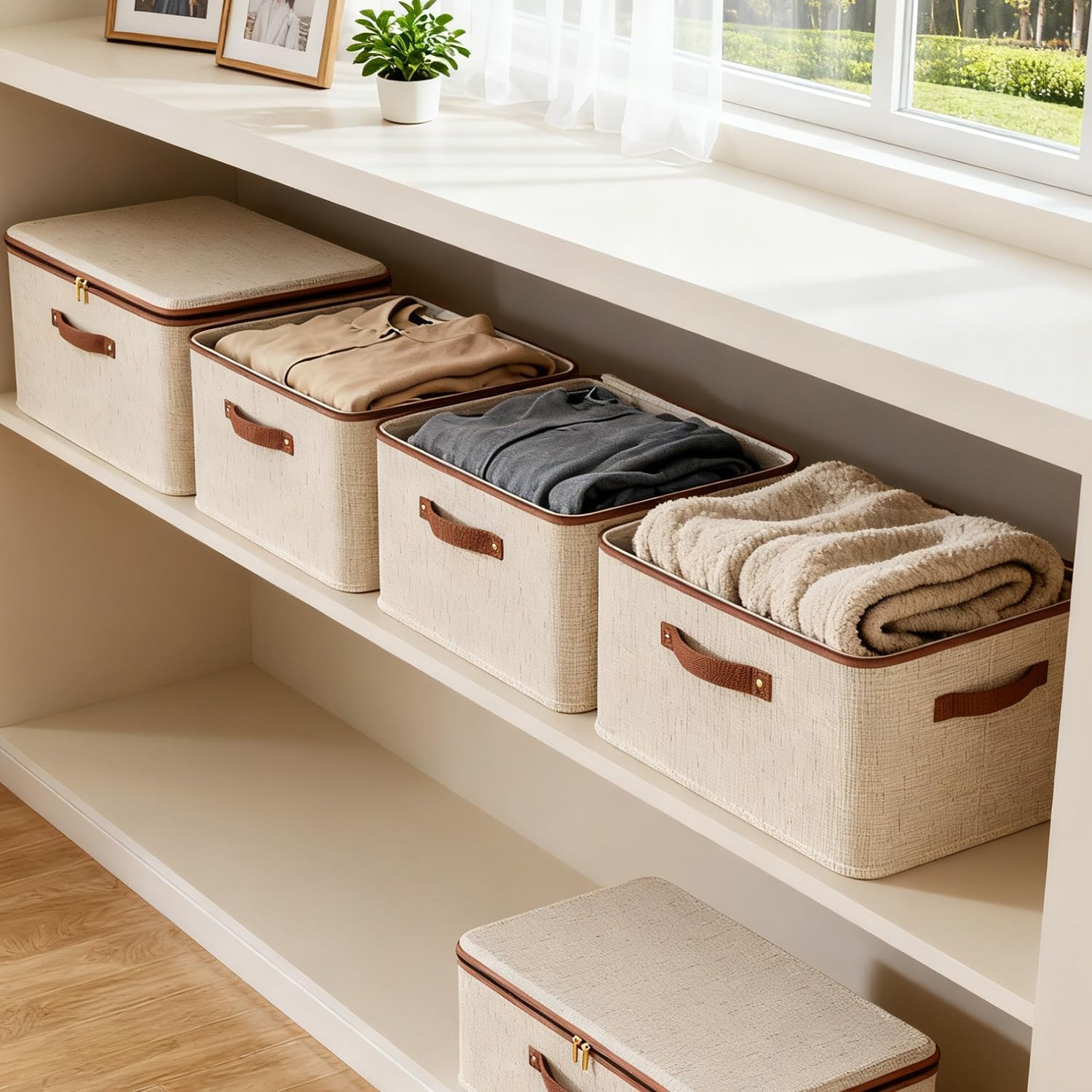 Tuza 3 Pcs Rigid Storage Bins with Zipper Lid, Cotton Linen Fabric Storage Boxes, Foldable Shelves Clothes Storage Cubes with Handles for Wardrobe, Closet(Beige, 25L)