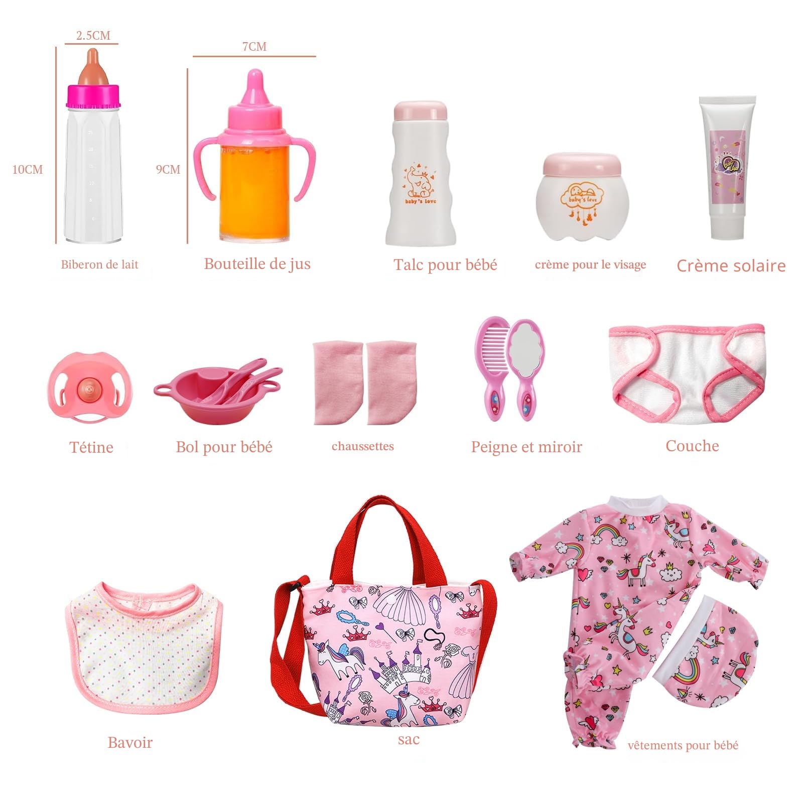 Accessoires pour poupée de bébé, accessoires pour poupée avec vêtements pour poupée, tétine pour poupée, sac à couches pour poupée, cadeau pour fille