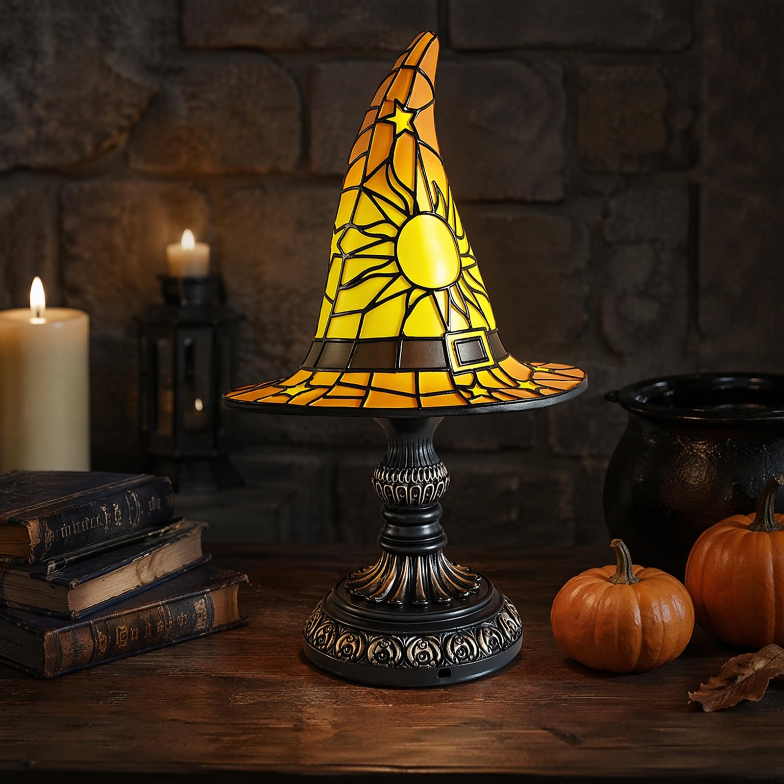 Stained Glass Halloween Pumpkin Table Lamp, Witchy Halloween Night Light