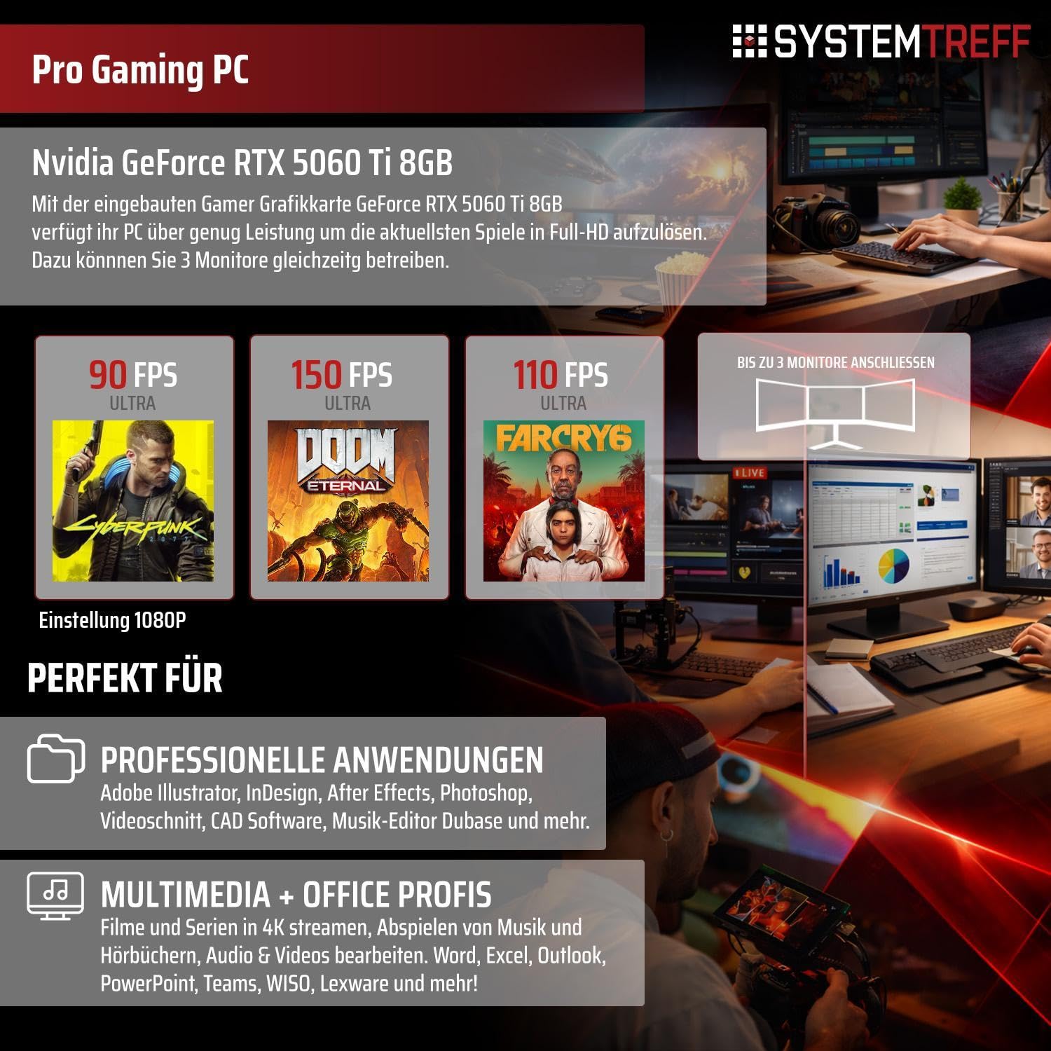 SYSTEMTREFF Gaming PC AMD Ryzen 7 5700X 8x4.6GHz | Nvidia RTX 5060 Ti 8GB DX12 | 1TB M.2 NVMe | 32GB DDR4 RAM | Windows 11 | WLAN Desktop Computer Rechner für Gamer, Zocker & Streamer