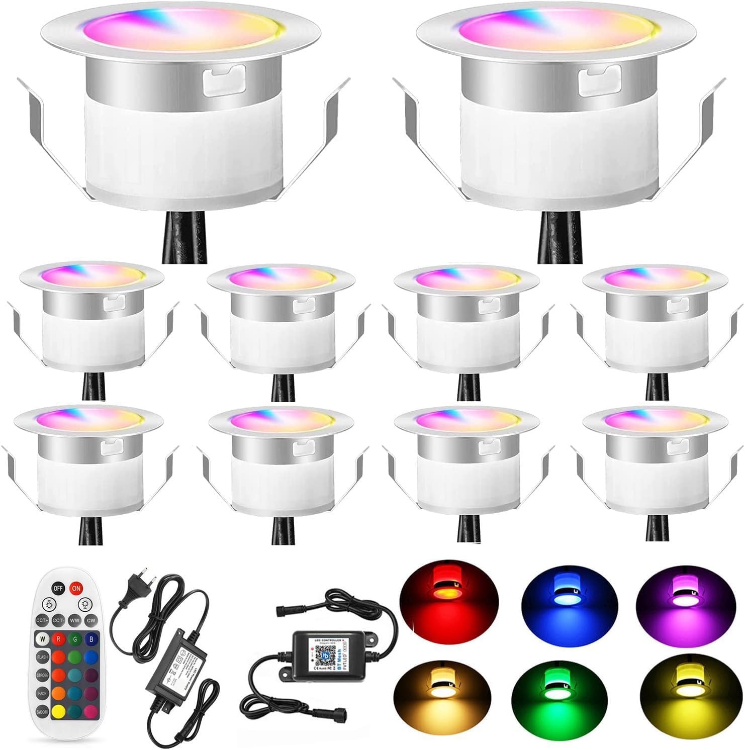 10er Bluetooth RGBWW Led Bodeneinbaustrahle Aussen 0.5W Ø45mm IP67 Wasserdicht LED Einbaustrahler Terrasse Küche Garten Led Lampe Full Kit