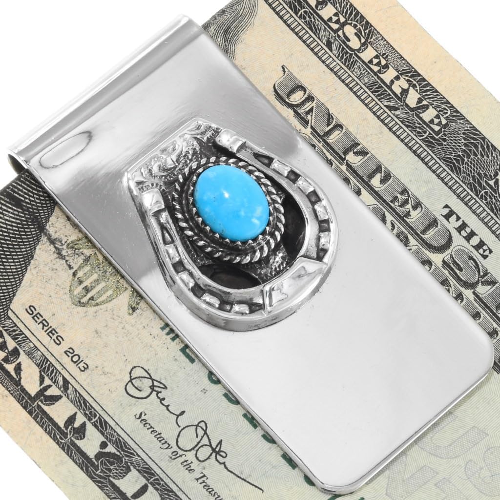 Alltribes Navajo Turquoise Silver Western Money Clip Sterling Lucky Horseshoe Design on German Silver Clamp 1638