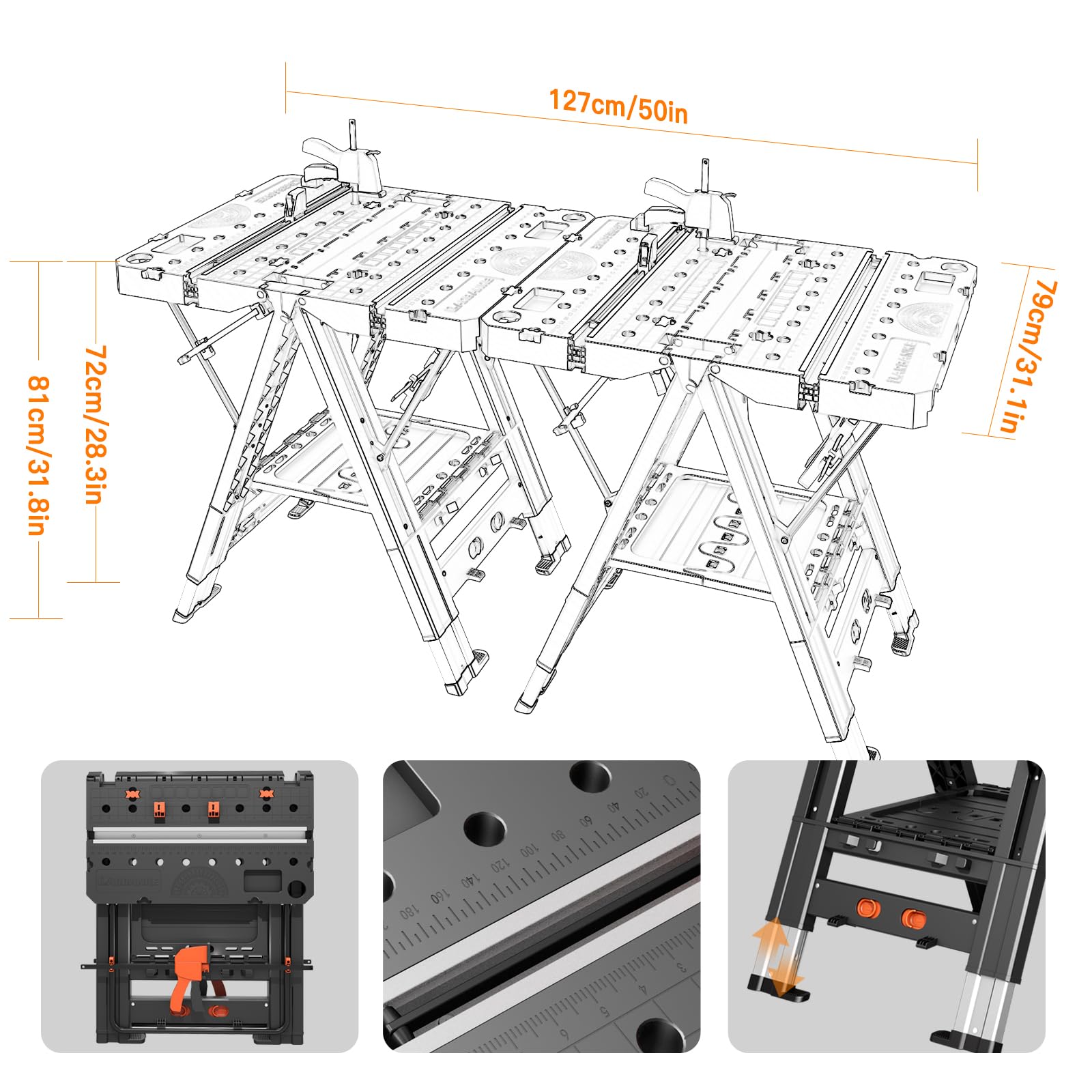 LARBANKE Banco de trabajo plegable portátil combinado,Caballete y banco de trabajo 2 en 1,Banco de trabajo impermeable con capacidad extra de carga con 8 pinzas para trabajar la madera,8 bloques de
