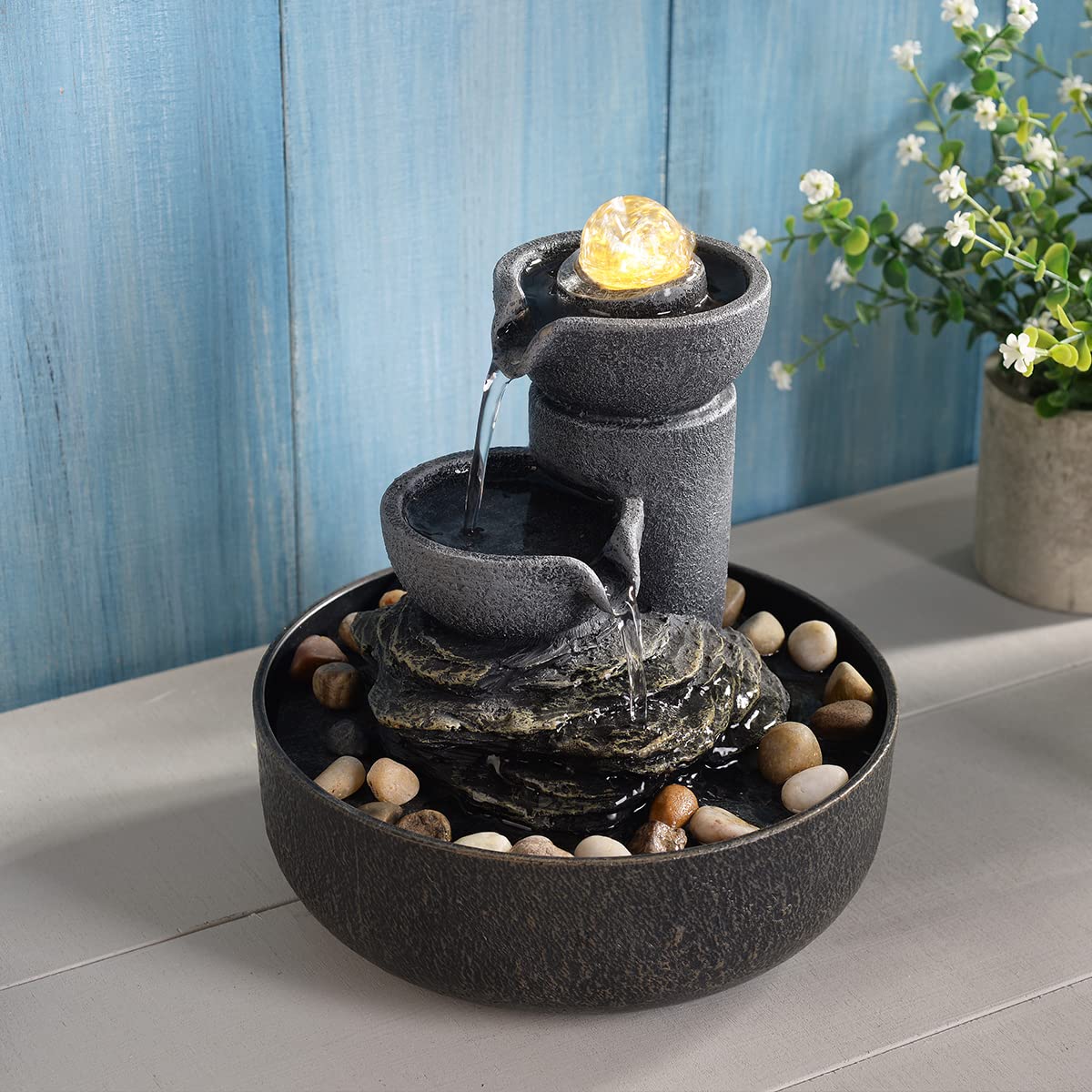 Fuente de la habitación, cascada de agua 2 etapas, meditación, decorativa con LED/adoquines, bolas de vidrio, sonidos relajantes para oficina y hogar (21098)