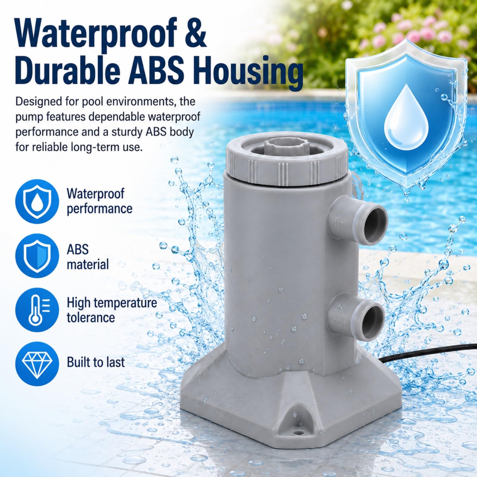 Bomba de Filtro para Piscina 250L/H ABS Silenciosa para Piscinas Pequeñas | Bomba de filtro 250L/H de ABS, silenciosa y fácil de instalar para circulación y filtración en piscinas pequeñas.