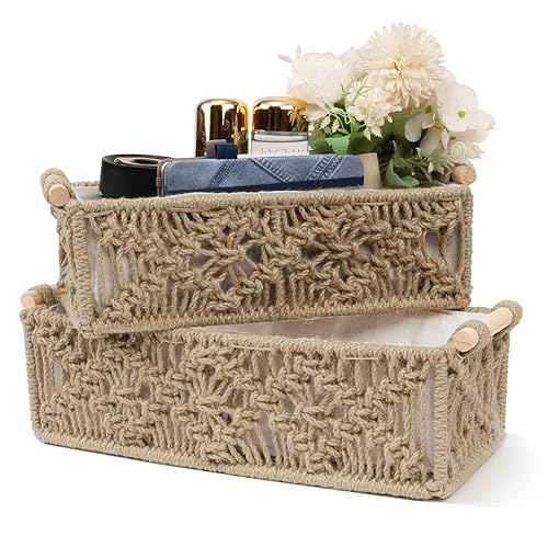 Macrame Storage Baskets Boho，Toilet Paper Basket with Wood Handles，Handmade Woven