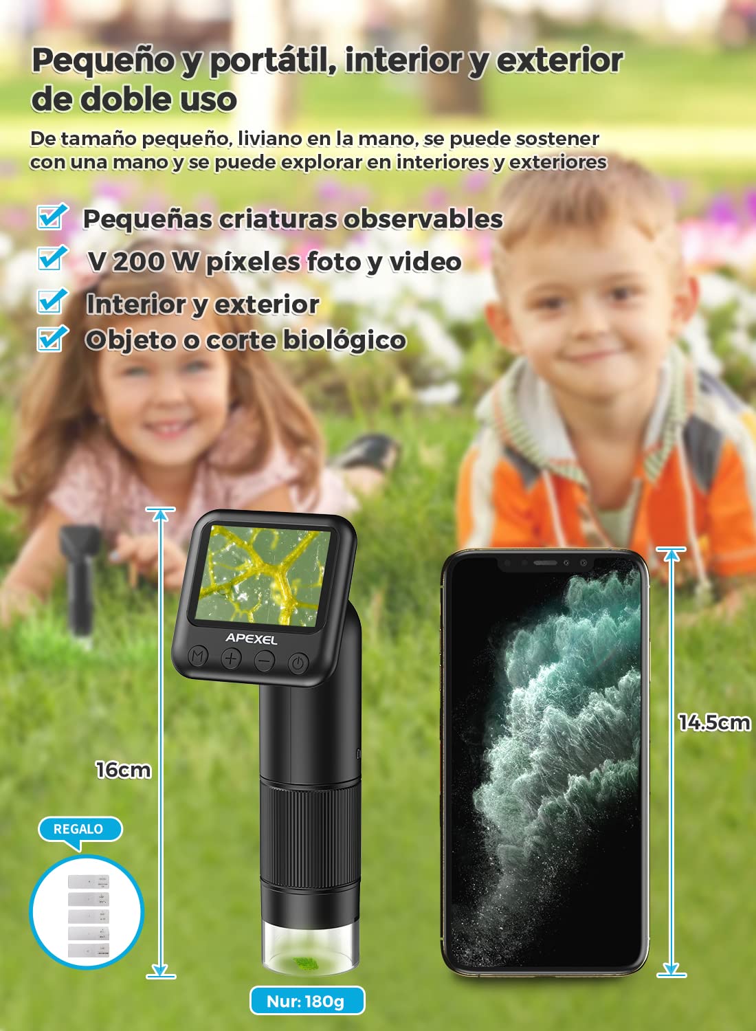 APEXEL Microscope de Bolsillo para niños con Slides 800X Mini Microscope cámara con Pantalla LCD