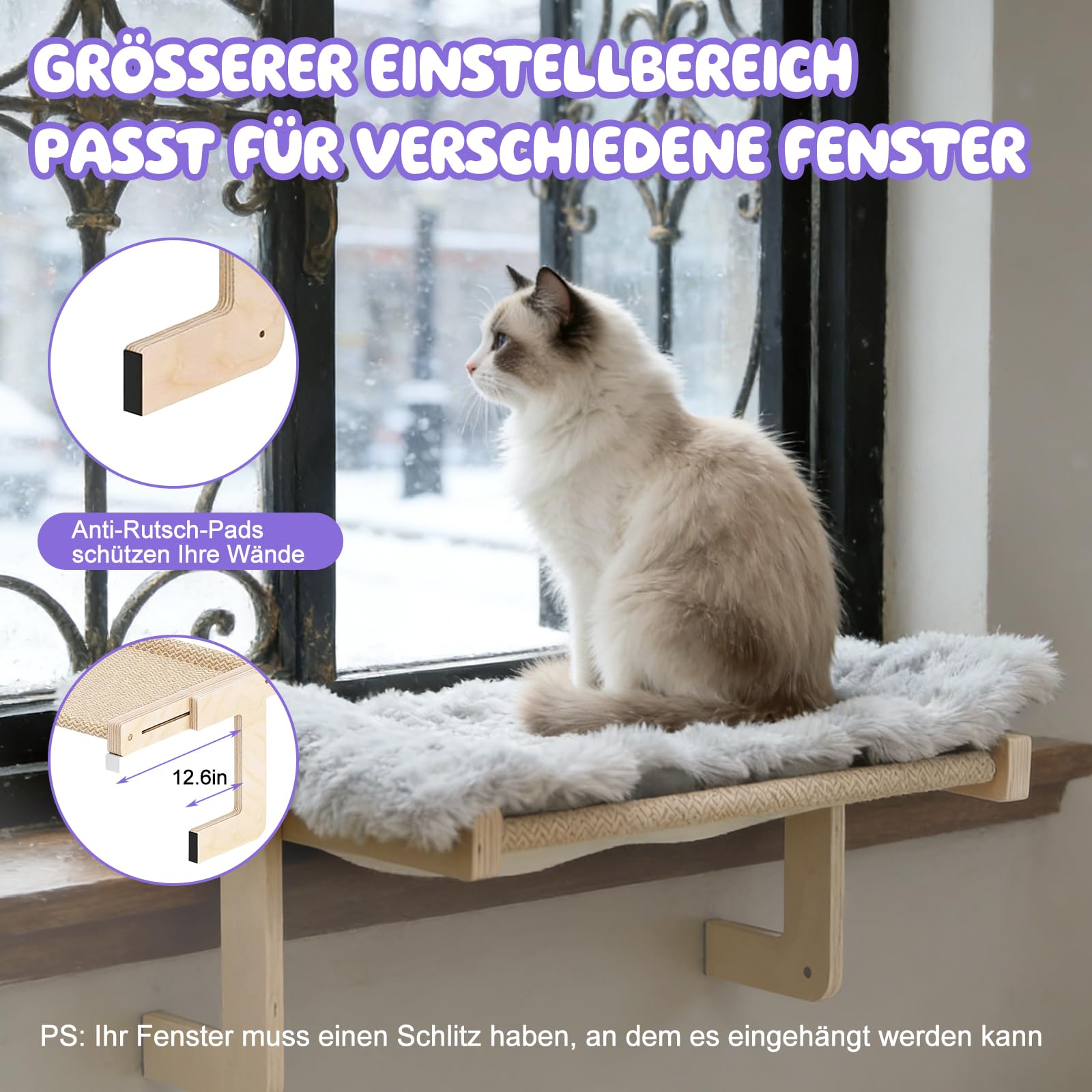 Hamaca Cama Gato Ventana, Hamaca para Ventana con Alfombra Reversible y Lavable, Instalación sin Herramientas Estante para Gato MAX.20 kg, 50 x 39 cm