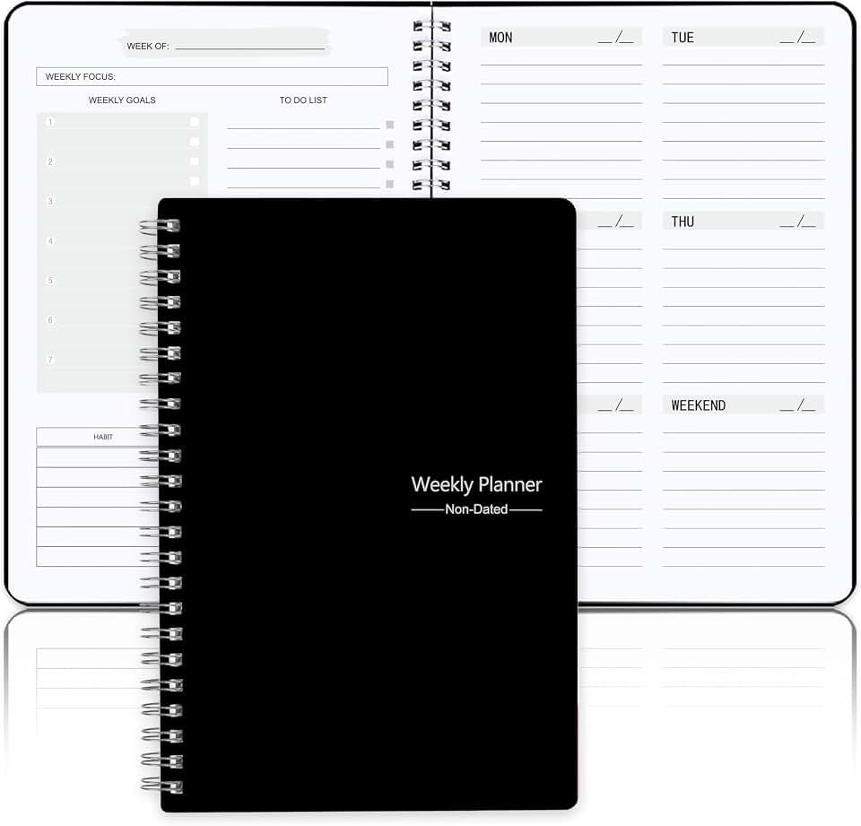 Undated Weekly Planner, Weekly Goals Notebook, A5 To Do List Planner, Habit Tracker Journal with Spiral Binding, 5.7 x 8.0 in, Black