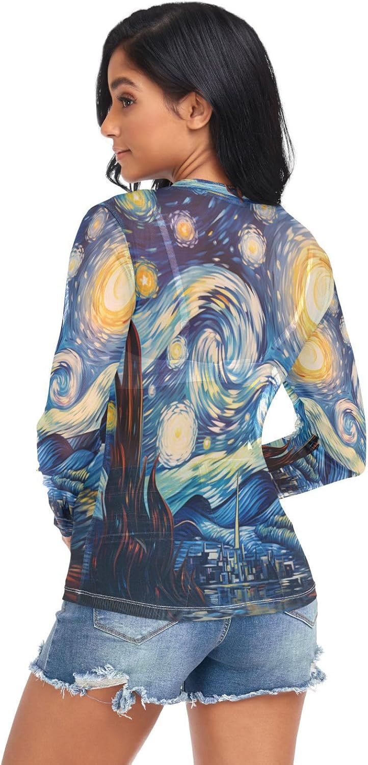 Van Gogh Art Moon Women's Sexy T-Shirts Short Shirt Ice Silk See Through Top Blouse - Image 2