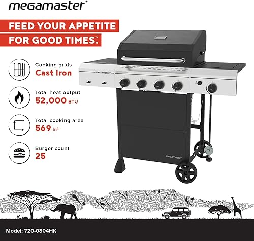 Miniatura 2 de Megamaster Parrilla de gas de 4 quemadores con quemador lateral y cubierta de parrilla, 52,000 BTU, 568 pies cuadrados de área de cocción, parrilla
