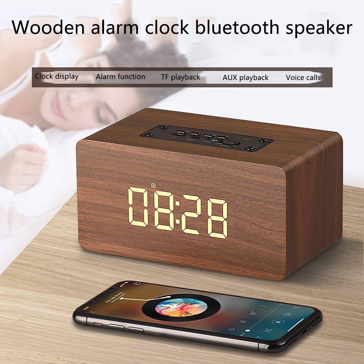 Bluetooth Speaker, Orologio con Sveglia, Legno High-End, ad Alta Definizione Bass, Radio FM, Microfono Incorporato, Riproduzione Carta di TF, LED Iarge Screen Display,Brown-OneSize