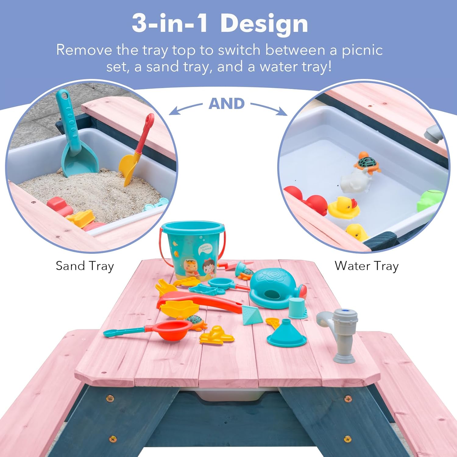 Kids 3-in-1 Sand & Water Activity Table, Wood Outdoor Convertible Picnic Table, 2 Play Boxes, Removable Top with Faucet, Picnic for Outdoor (Pink/Pink)
