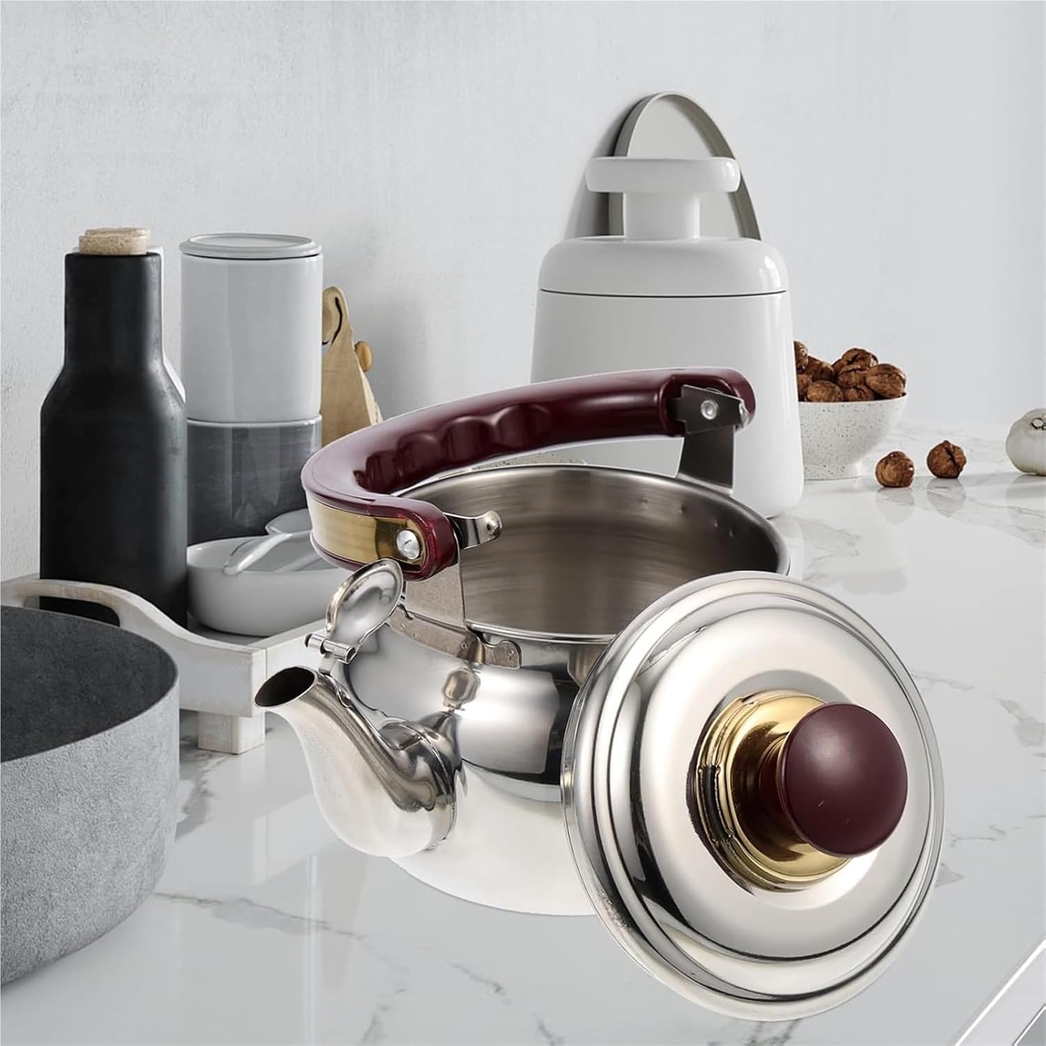 Hervidor de té de 0,6 L ergonómico con mango plegable para estufa, hervidor rápido para té, café, leche, diseño compacto y portátil