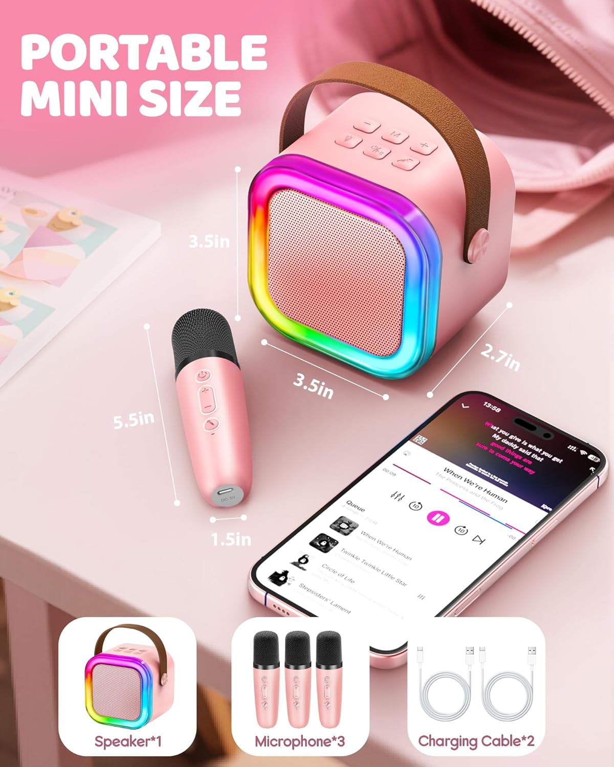 Mini Karaoke Machine for Kids, 2026 TOP Toys Birthday Gifts Ideas for Girls Ages 4, 5, 6, 7, 8, 9, 10, 12+ Years Old, Portable MP3 Player with 3 Wireless Mics for Family Home Party - Image 8