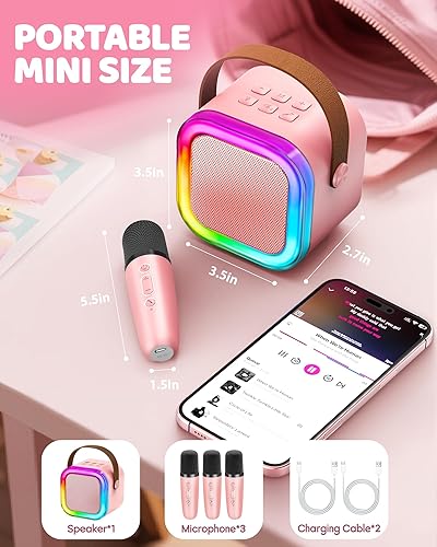 Miniatura 23 de Máquina de karaoke para niños y adultos, minialtavoz Bluetooth portátil con 2 micrófonos inalámbricos y luces de fiesta, para celular, regalo