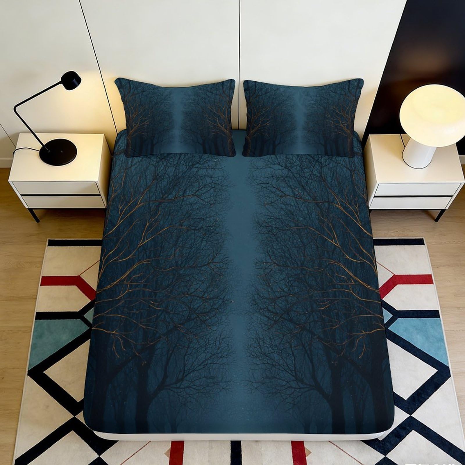 3D Printed Dark Forest Path Fitted Sheet Microfiber Soft Breathable Misty Trees Mattress Cover Bedroom Decor 140x200x25cm