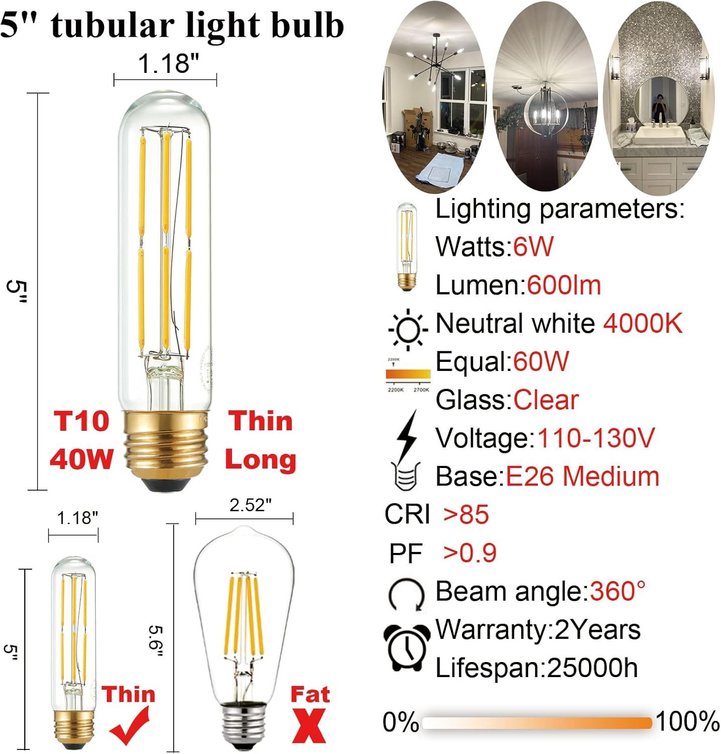 LiteHistory Tubular Light Bulb 6W Equal E26 LED Bulb 60 Watt dimmable Neutral White 4000K E26 Edison Bulb AC120V 600lm T9 T10 LED Bulb for Rustic Pendant,Island,Chandeliers,Wall sconces Pack of 6