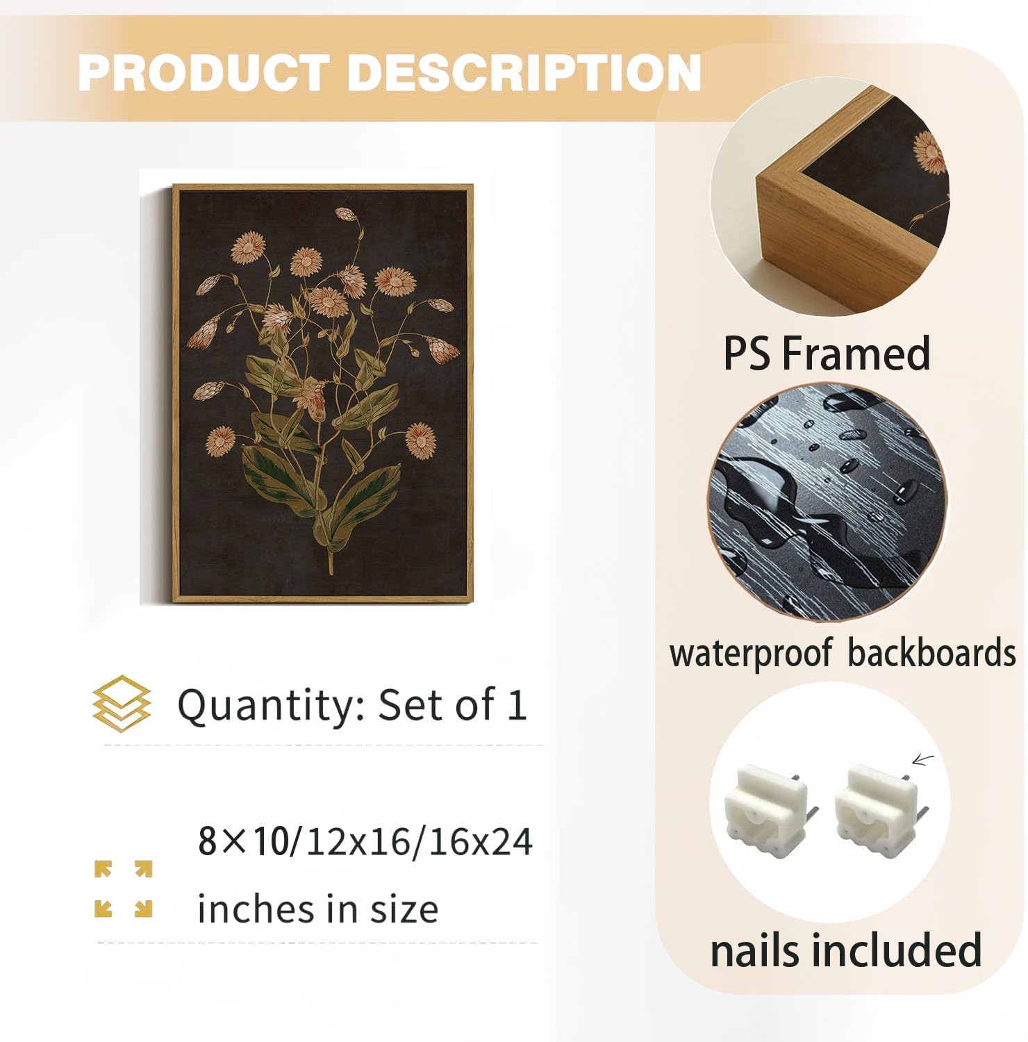 WALLZK Vintage Framed Wall Art Botanical Canvas Prints Painting Dark Moody Floral Wall Decor Retro Wildflower Pictures Artwork for Walls Living Room Bedroom Bathroom 12"x16"