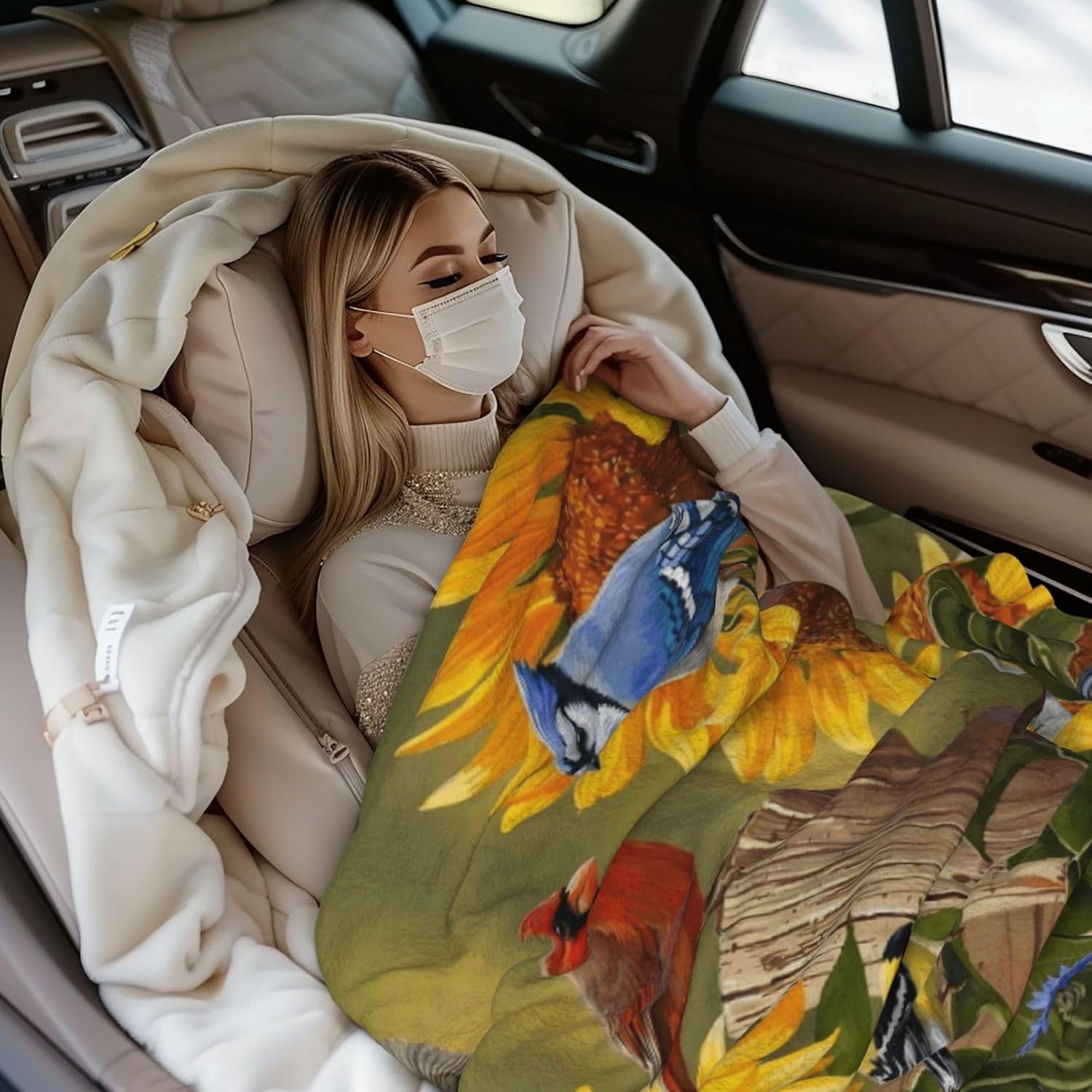 Rustic Flowers and Birds Fleece Blanket Lightweight Ultra-Soft Cardinal and Sunflowers Throw Blanket for Sofa Couch Bed Camping Travel - Super Soft Cozy Microfiber Blanket 60"X50"