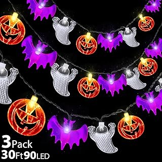 [ Timer & 3 Pack ]Total 30Ft 90LED Halloween Lights Decorations 3 in 1 Orange Pumpkins Purple Bats White Ghost String Lights Battery Operated Halloween Decor Home Party Outdoor Indoor,10Ft 30LED Each