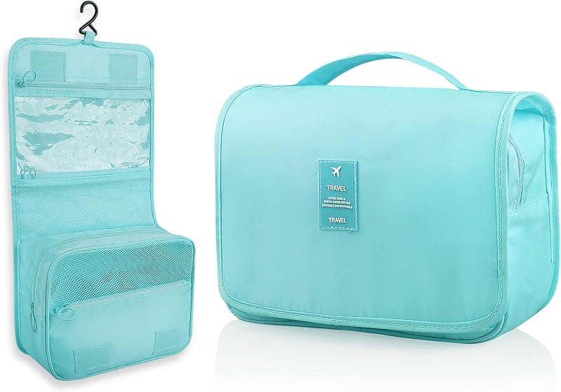 Necessaire suspensa Ebbniur para viagem em tecido Oxford, com gancho, azul-claro