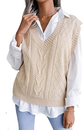 AMOMA Womens V-Neck Y2K Cable Knit Sleeveless Pullover Argyle Plaid Knitted Sweater Vest