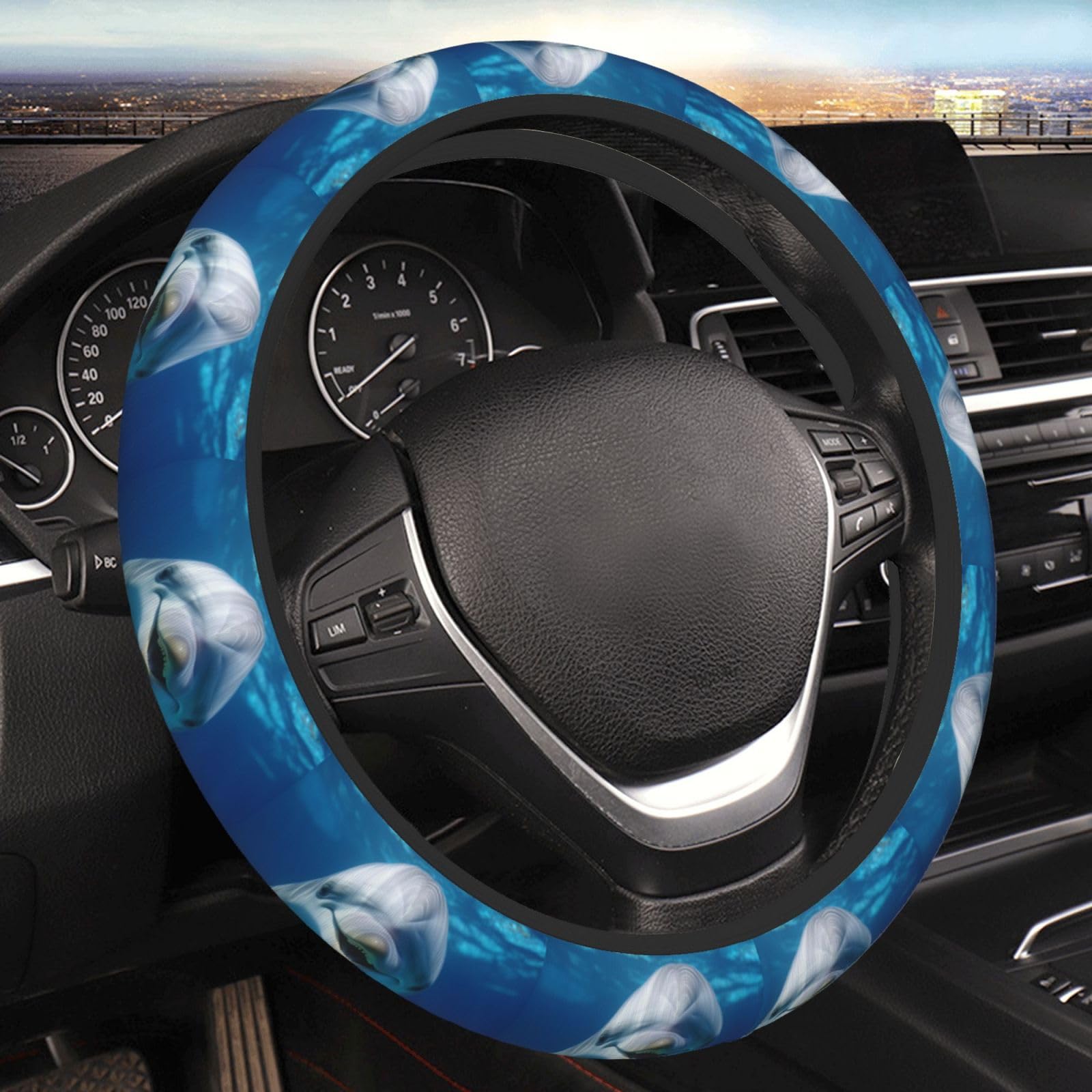 Dolphin with Smile Car Elastic Steering Wheel Cover Universal 15 Inch Stretch Automotive Steering Wheel Protector Cover Anti Slip Breathable Novelty