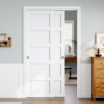 Sliding Closet Door 48"80" Double 25", 5 Panels Bypass Barn Doors with Hardware Track Kit Included for Bedrooms Wardrobe, White, Requires DIY Assembly