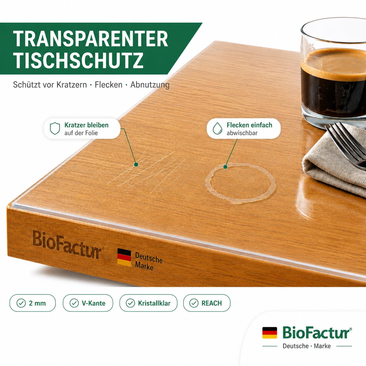 Tischfolie Transparent nach Maß mit V-Kante, 2 mm PVC Tischschutz | Glasklare Tischauflage, Abwaschbar & Lebensmittelecht, 90x150 cm