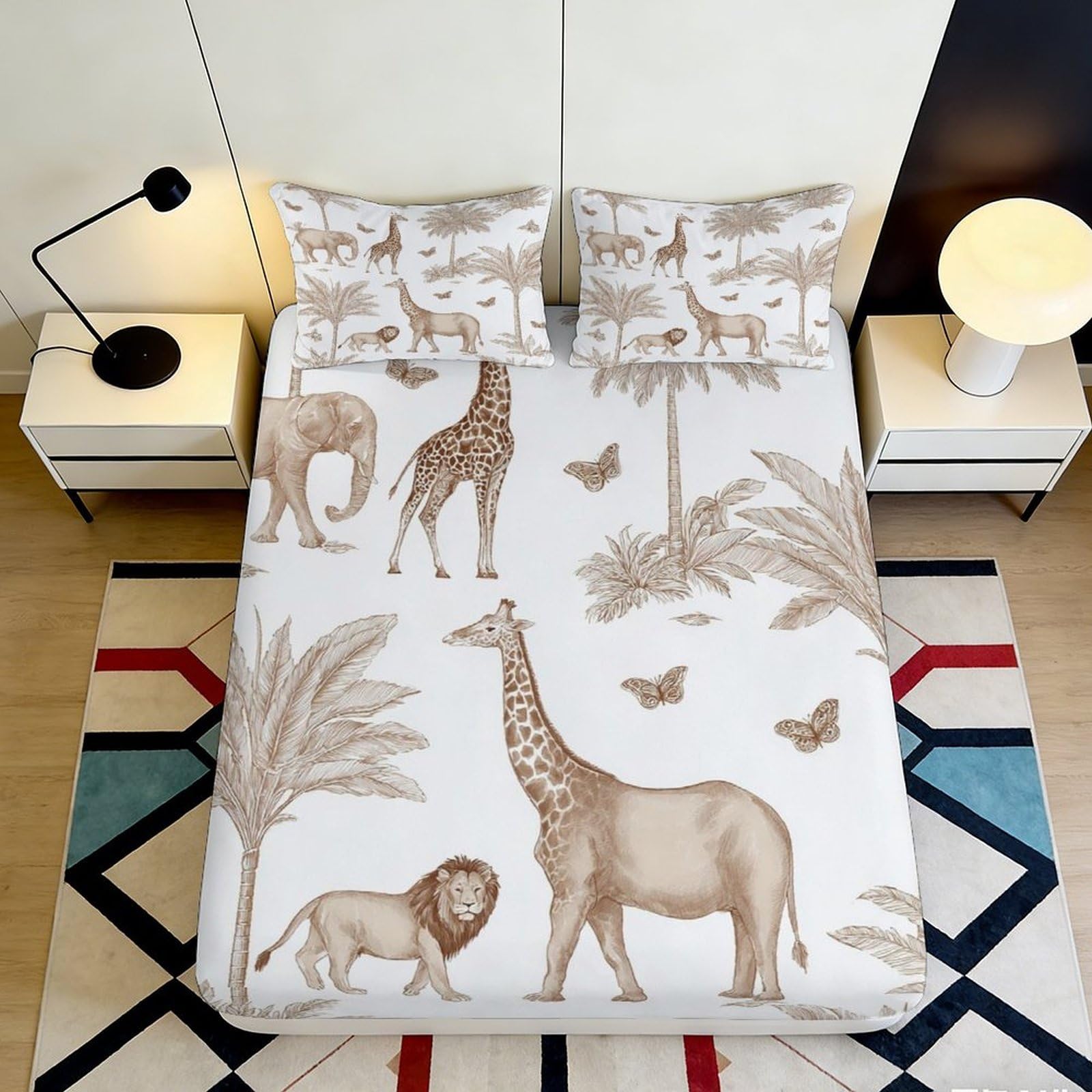 3D Printed Safari Animal Fitted Sheet Microfiber Deep Pocket Bedroom Bedding African Wildlife Mattress Fitted Cover Washable 200x200x25cm