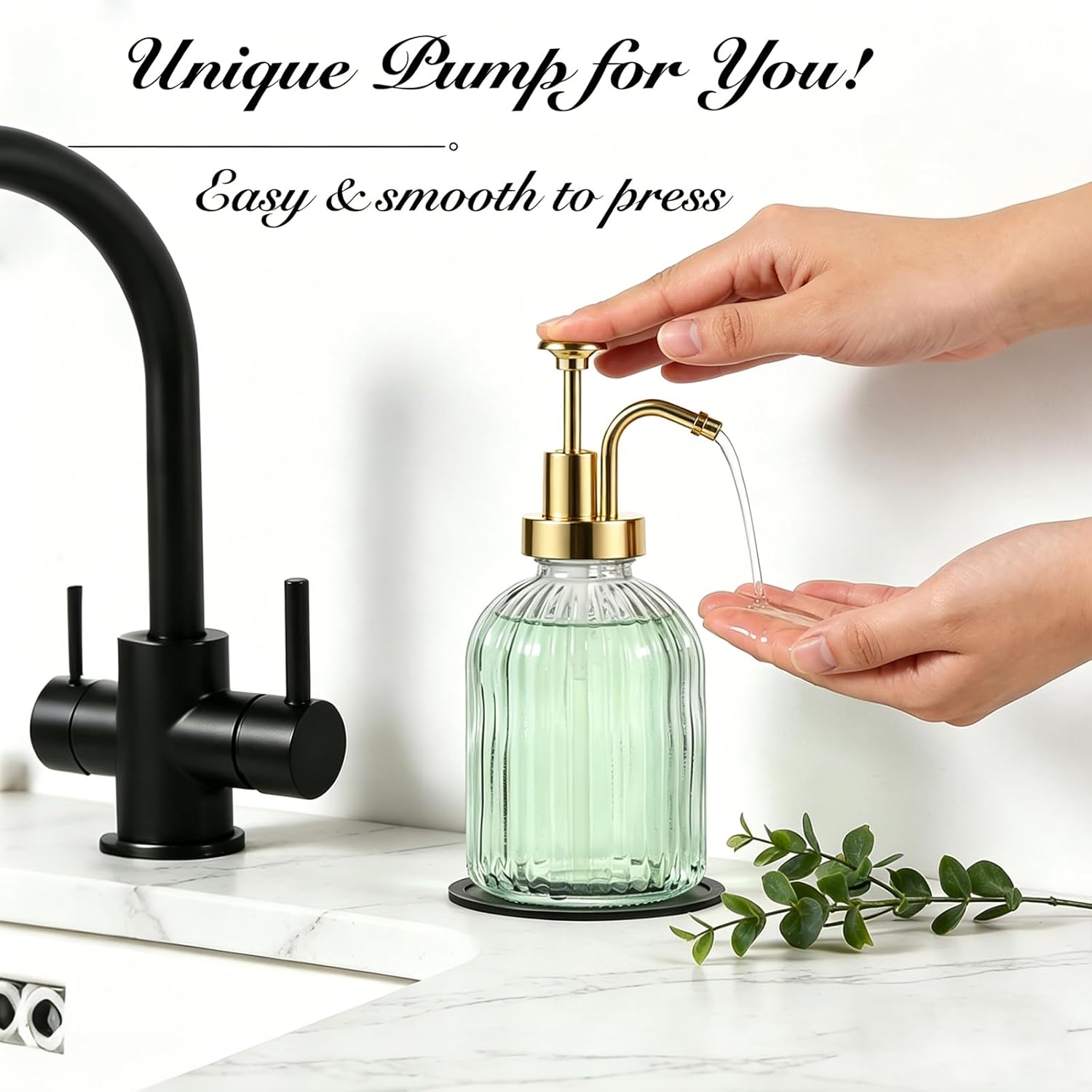 SheeChung 12oz Clear Glass Liquid Soap Dispenser, Gold Pump, Striped,1 Pack