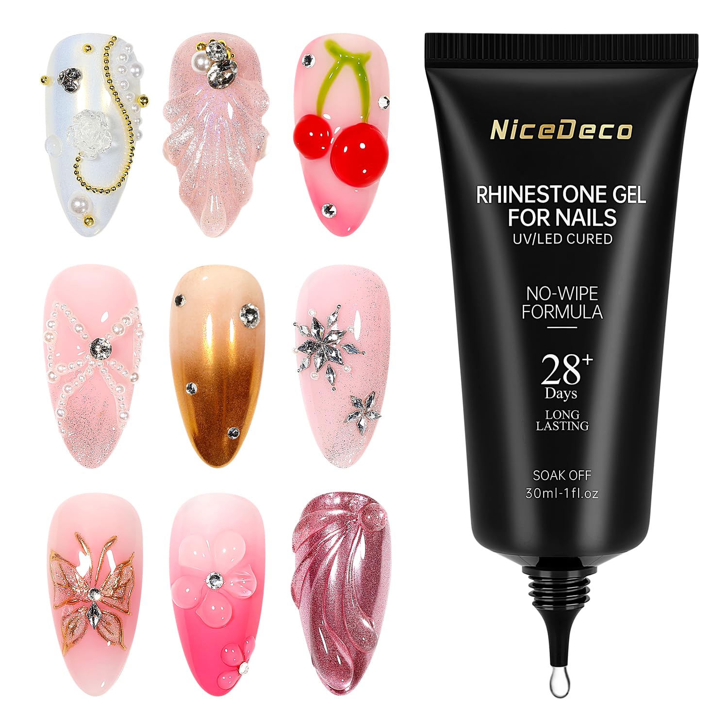 Nicedeco No Wipe Nail Art Rhinestone Glue 30ml, 3D Super Adhesive Nail Charms Nail Gems, Nail Gel Sculpting Gel, Nail Art Glue for Rhinestones Crystal Stones Jewels Diamonds, Nail Lamp Required