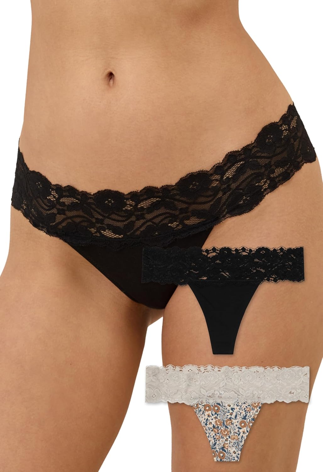 Pact Women's Organic Cotton Lace Thongs, Breathable Stretch Low-Rise Thong Underwear, 2-Pack