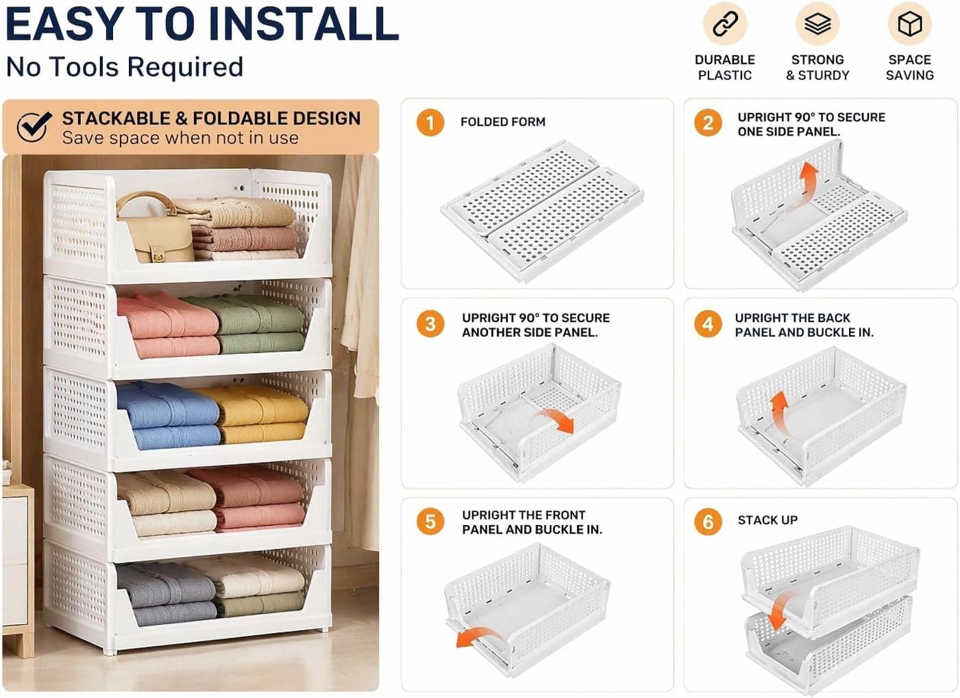 5 Pack Stackable Closet Storage Basket - Stackable Storage Bins, Multifunctional & Foldable Closet Organizer Waterproof, bathroom cabinet organizer,rv closet shelves, white stackable storage bins