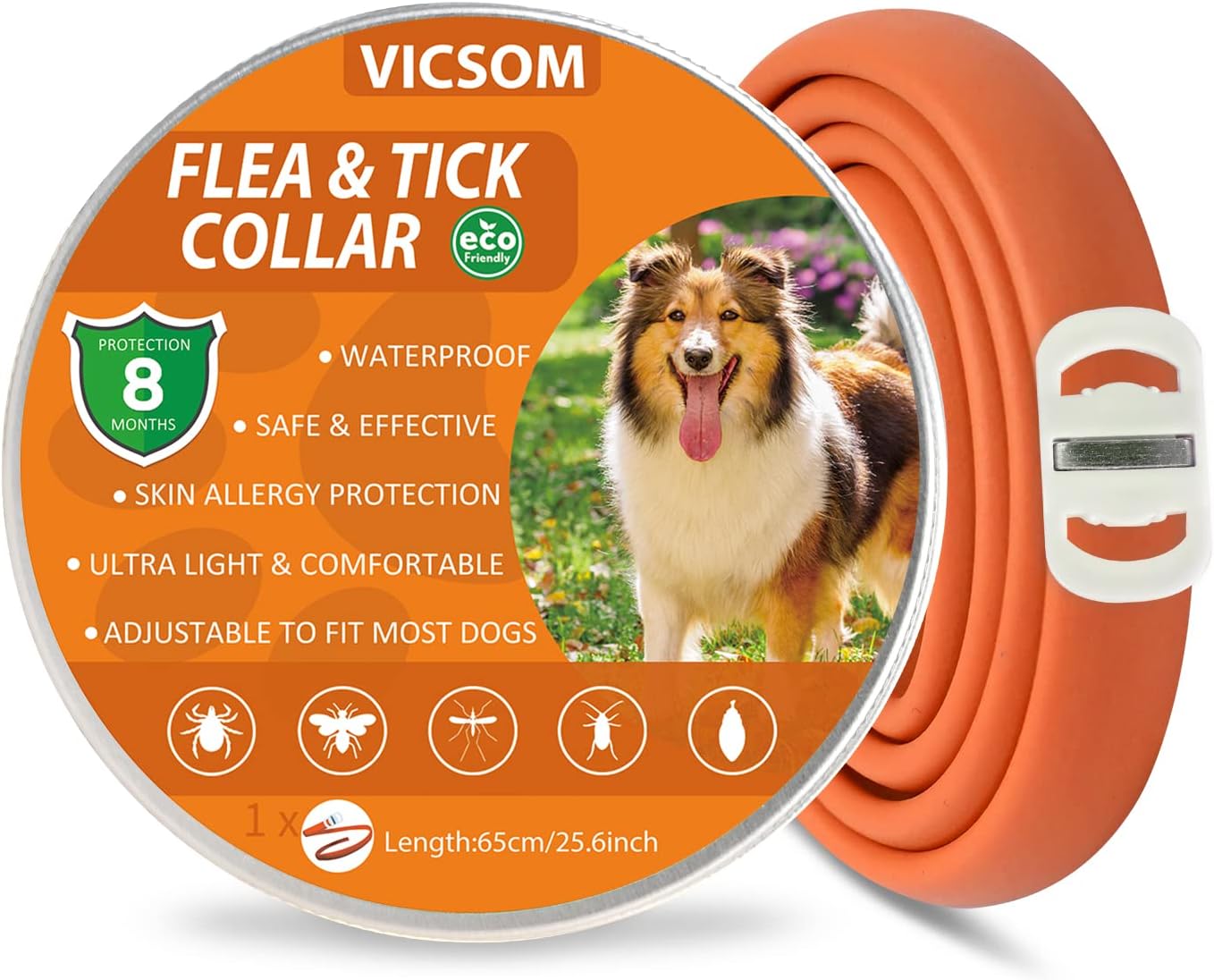Collares Antiparasitario para Perros, Collar Antipulgas Perros, Collar de Pulgas y Garrapatas para Perro Impermeable Regulable, Válido 8 Meses para Perros de Todos los Tamaños Naranja 1Pcs