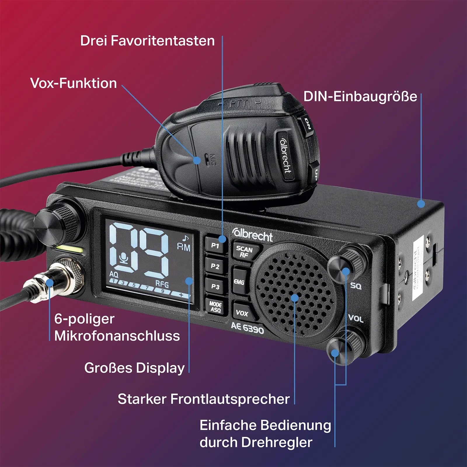 Albrecht AE 6390 CB-Funkgerät – 2,4" Display, VOX Freisprechfunktion, DIN-Einbau, 40 AM/FM Kanäle, 2W Frontlautsprecher, Kanalsuchlauf, RF Gain, inkl. Mikrofon & Zubehör, schwarz, 12639