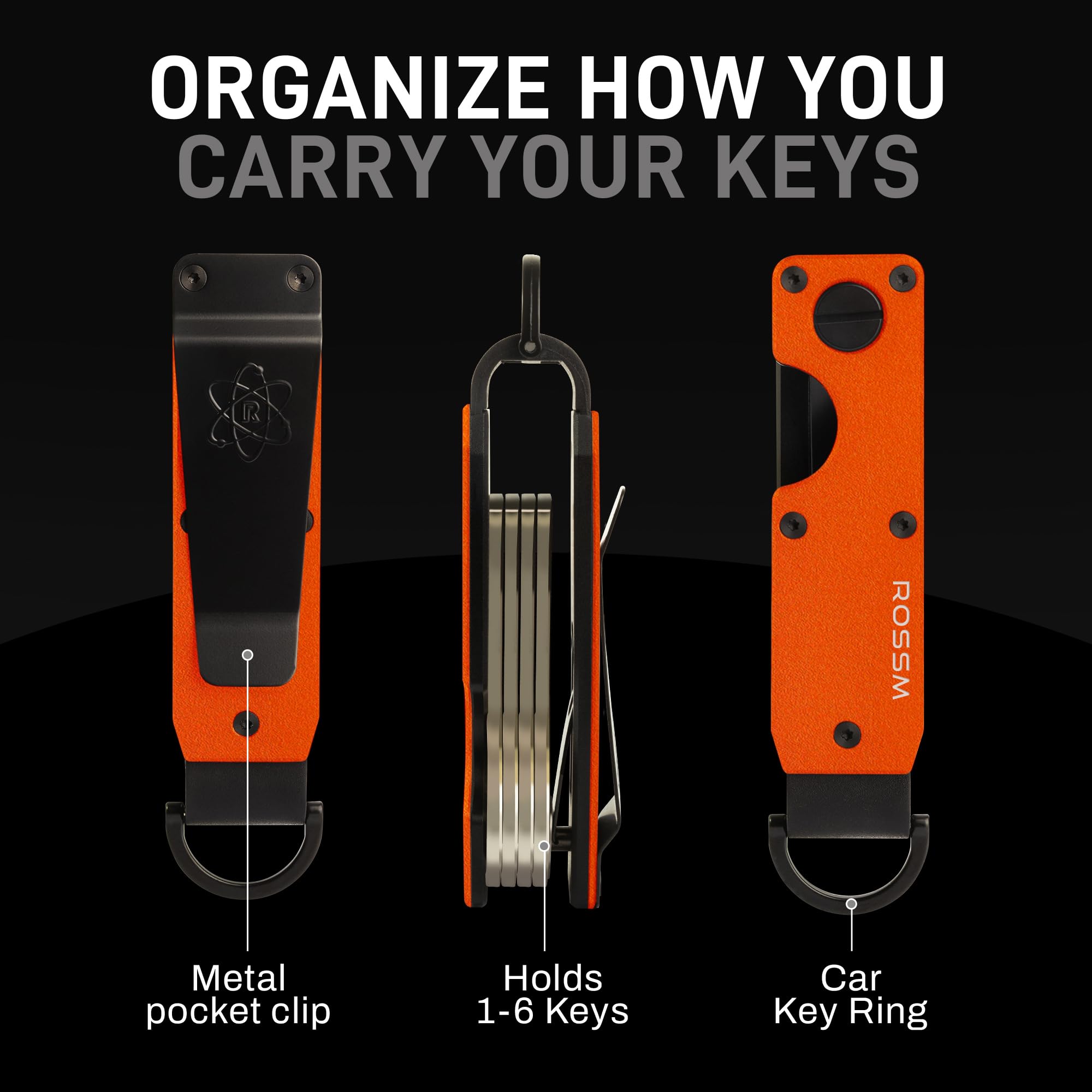 ROSSM Organizer na klucze, kompaktowy metalowy uchwyt na klucze, minimalistyczny, innowacyjny brelok, mini etui na klucze, które chroni do 6 kluczy, Matowy pomarańczowy