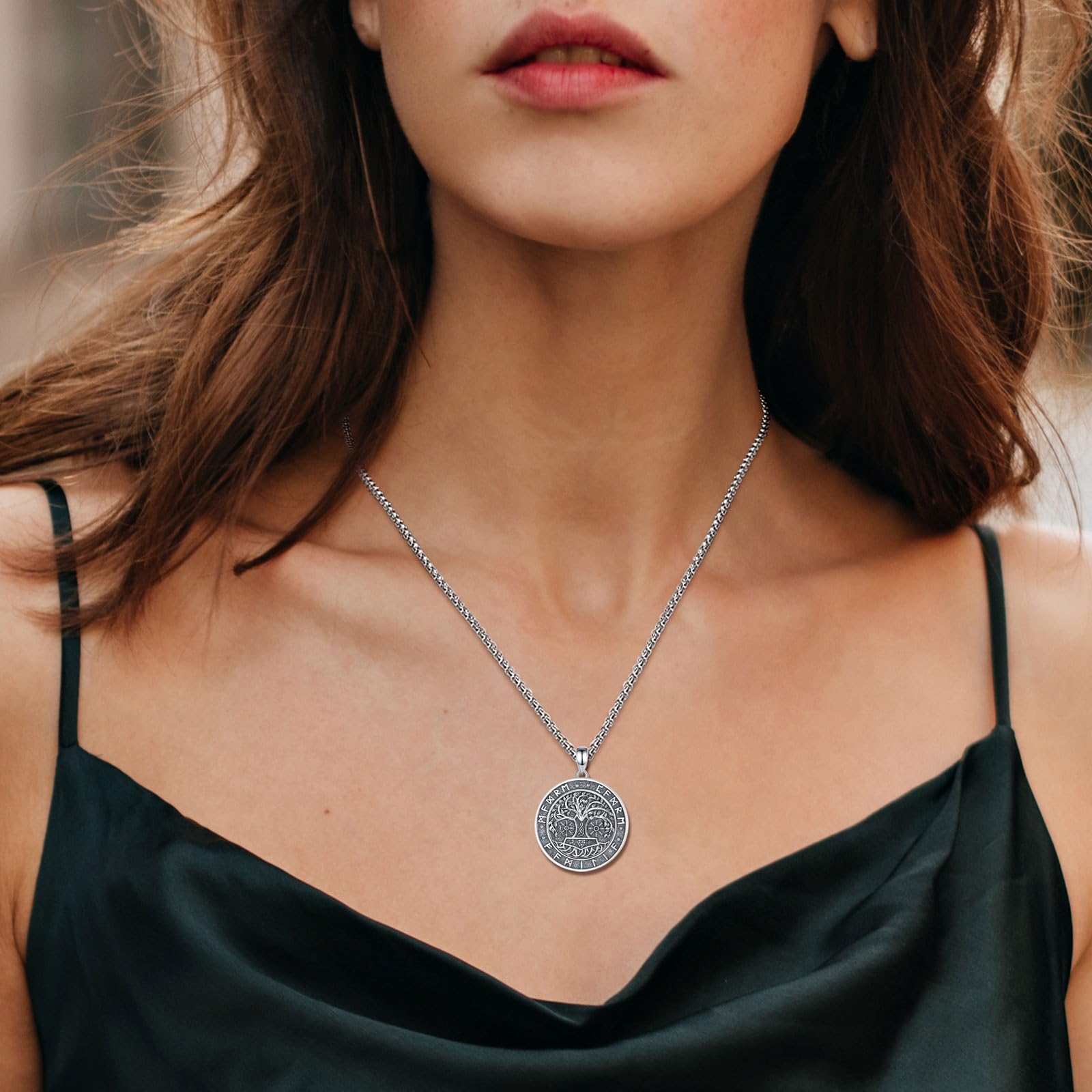 INFUSEU Wikinger Halskette für Männer, 925 Sterling Silber Lebensbaum Yggdrasil Anhänger Wolf Schmuck Valknut Jormungandr Odin Raven Allah Geschenk für Männer