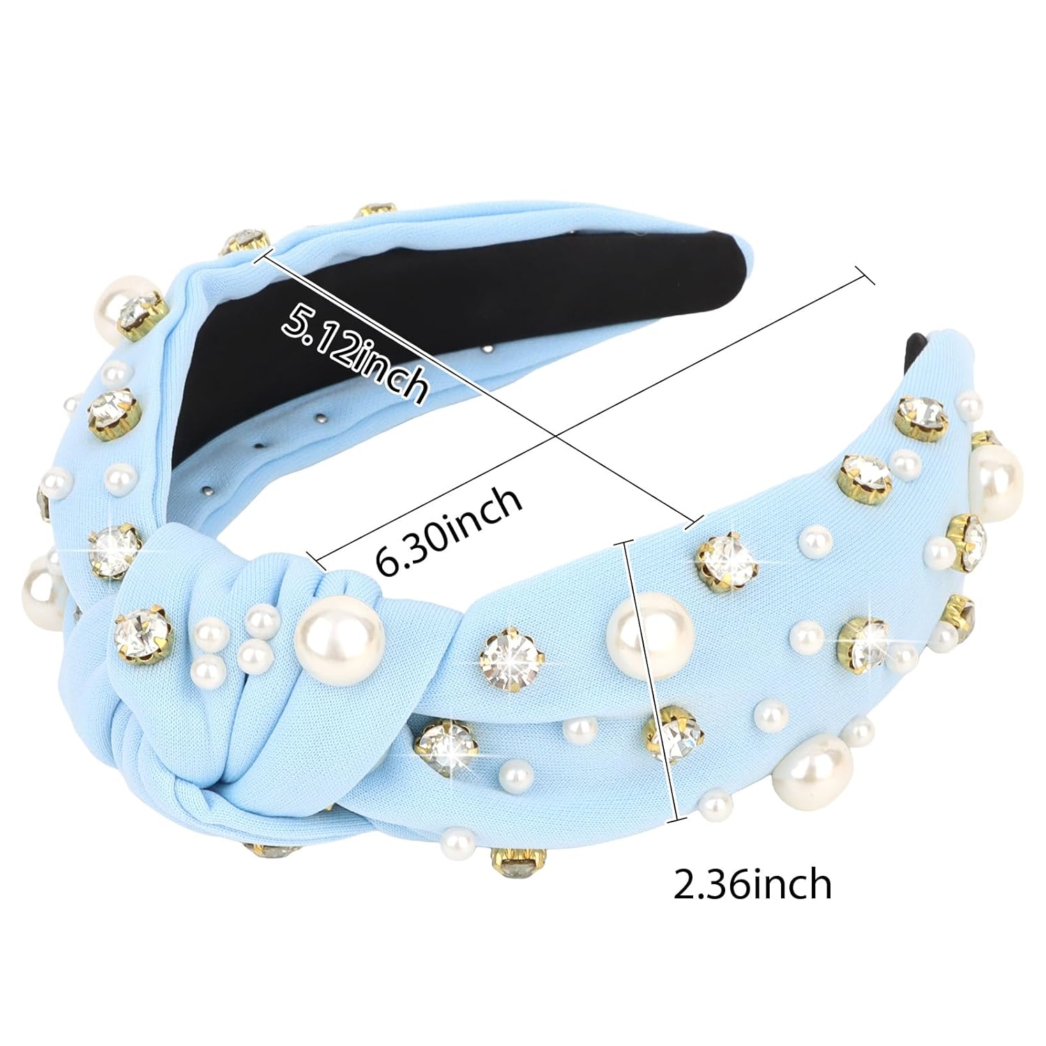 Blue Headband for Women Pearl Knotted Headband Sparkly Rhinestone Pearls Top Knotted Headbands Fashion Accessories Cute Hair Bands for Women Girls - Image 3