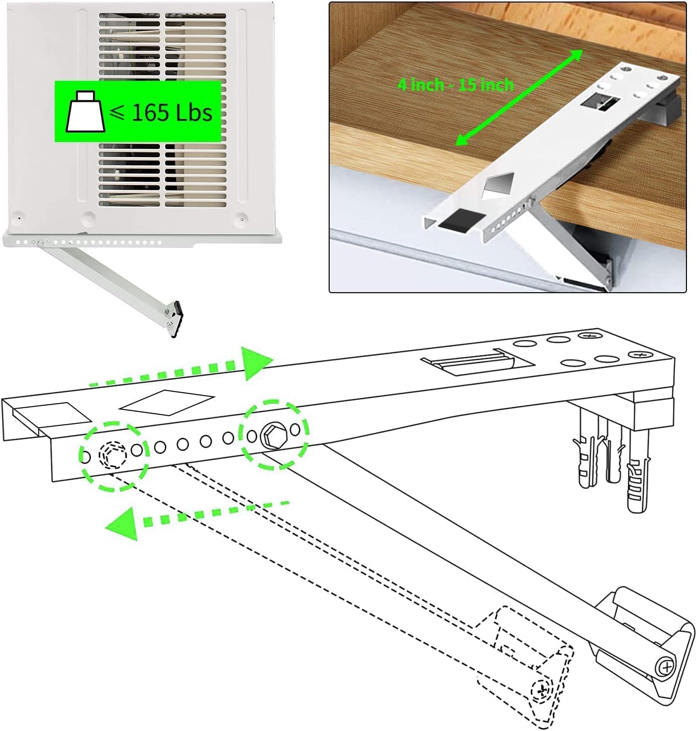 Ac Brackets for Windows,Indoor Installation with Built-in Bubble Level,Window AC Support Bracket & Non-Slip Rubber Pads,Heavy-Duty Single-Foot Design,Secure&Reliable for9000–22000 BTU(Up to 165 lbs)