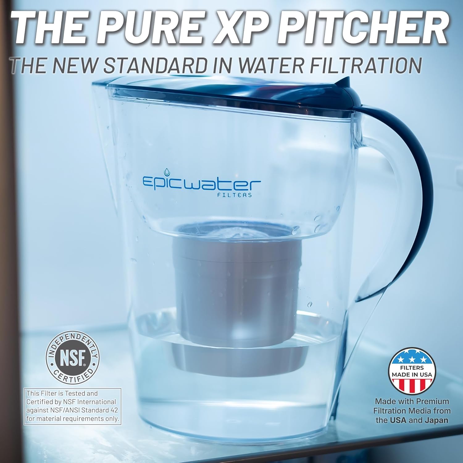 Epic Water Filters Pure Filter Pitchers for Drinking Water, 10 Cup 150 Gallon Filter, Tritan BPA Free, Reduces Fluoride, Chlorine, Lead, Forever Chemicals (Navy Blue XP)