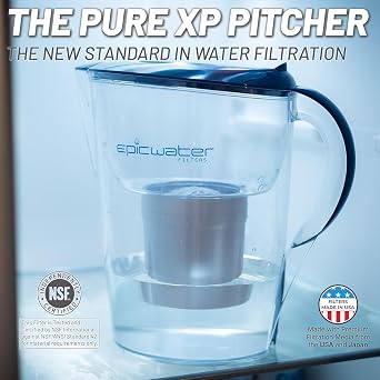 Epic Water Filters Pure Filter Pitchers for Drinking Water, 10 Cup 150 Gallon Filter, Tritan BPA Free, Reduces Fluoride, Chlorine, Lead, Forever Chemicals (Navy Blue XP)