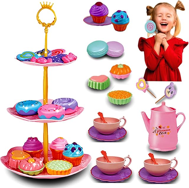 xwin sportseries Kids 3 Tier Cupcake Stand Dessert Plate & Tea Party Set with Cookies, Doughnut, Teapot, Spoons & Carrying Case, Kids Kitchen Pretend Play toy 35 Pcs