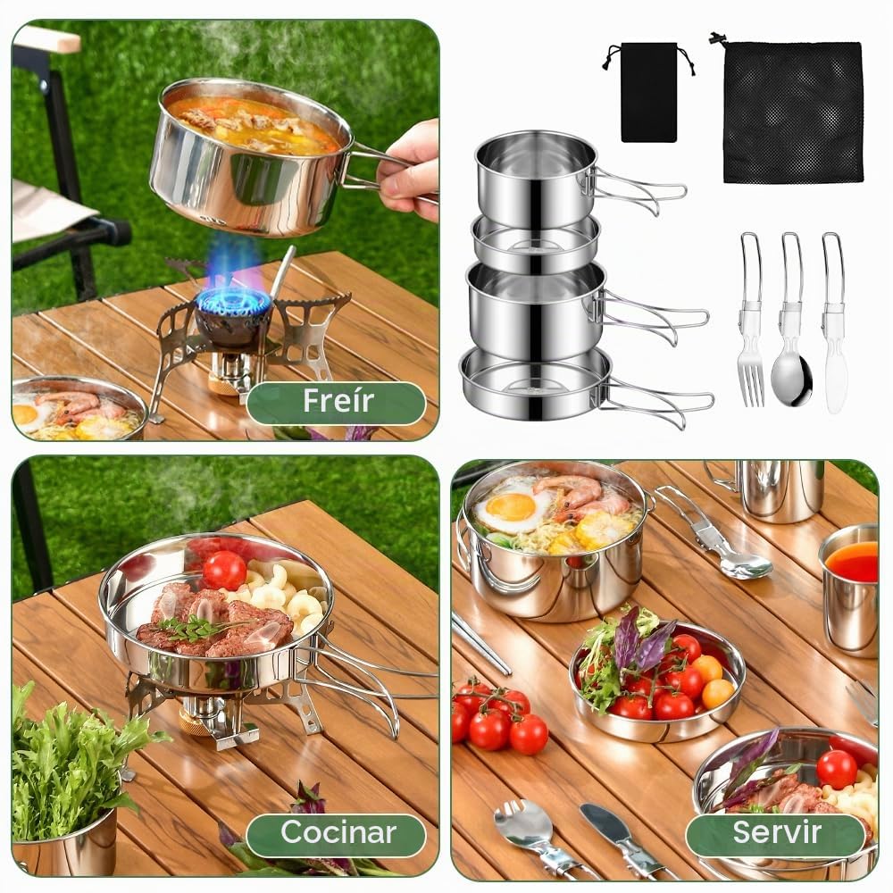 Kit Cocina Camping Acero Inoxidable, Juego de Ollas y Sartenes para Camping, Set de Cubiertos Plegable para Llevar, con Tenedor Cuchara Cuchillo y Bolsas, Kit Cocina Camping para 2-3 Personas